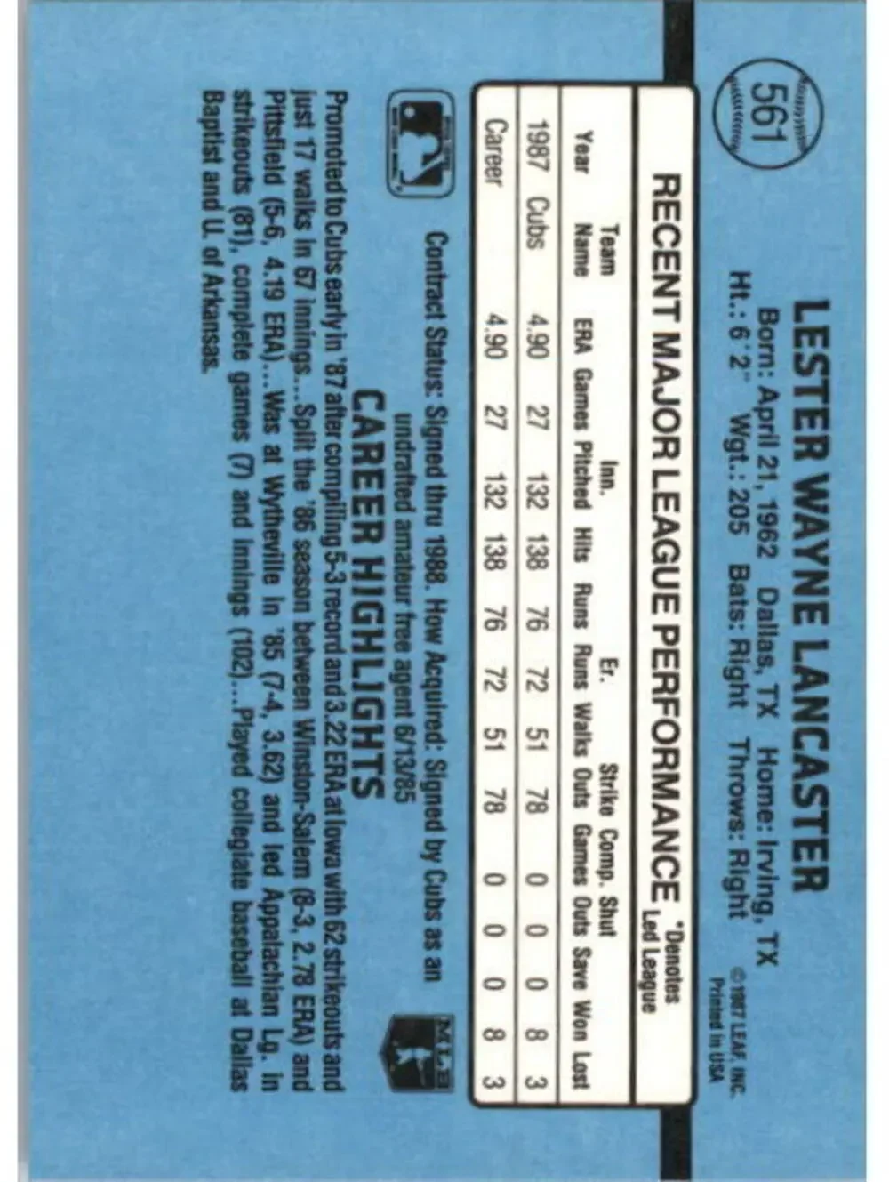 1988 Les Lancaster Donruss Baseball Card #561
